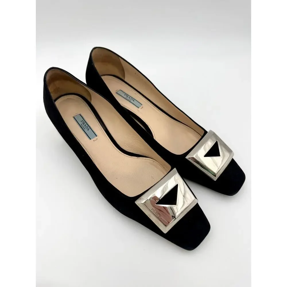 Prada Square Toe Pumps Black Suede Size 39.5 / 9.5 Metal Buckle Logo